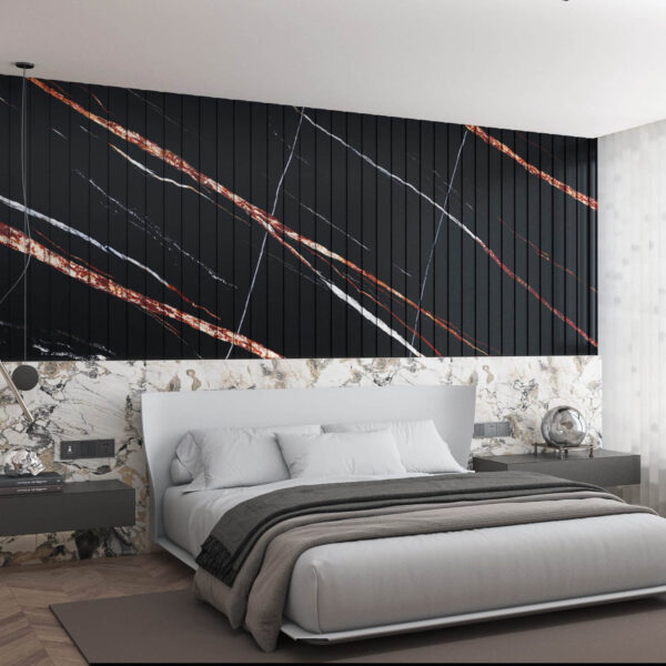 Modern bedroom with black and gold accent wall behind bed.