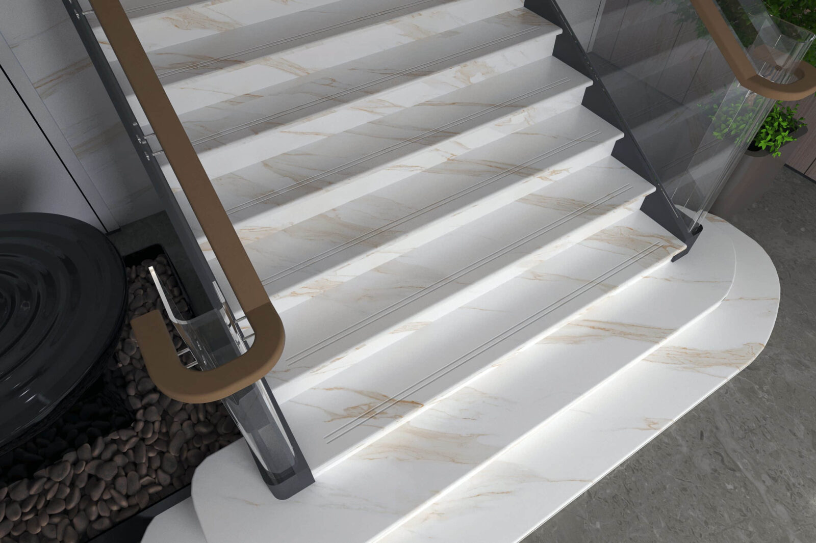 Marble staircase with glass railings and wooden handrails.