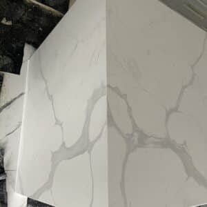 Calacatta Sky Quartz countertop with gray veining.