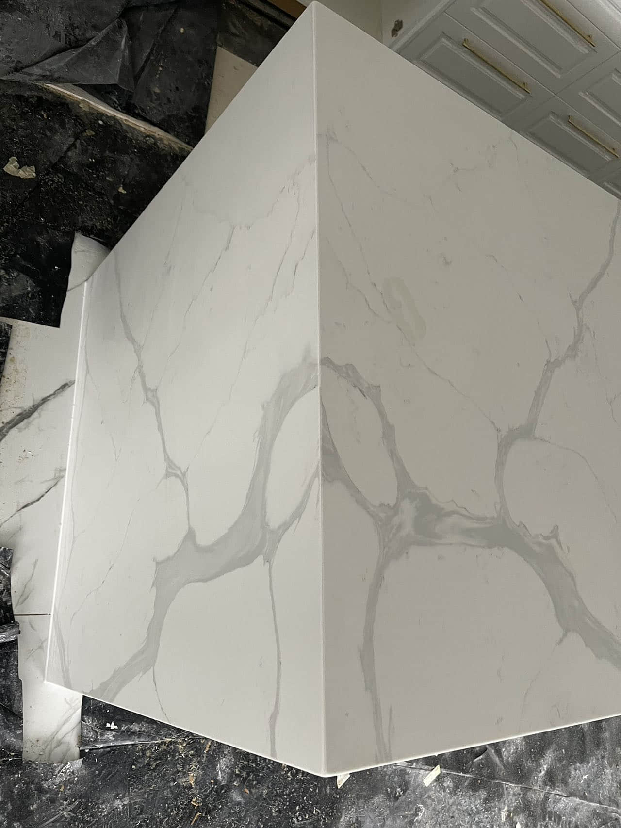 Calacatta Sky Quartz countertop with gray veining.