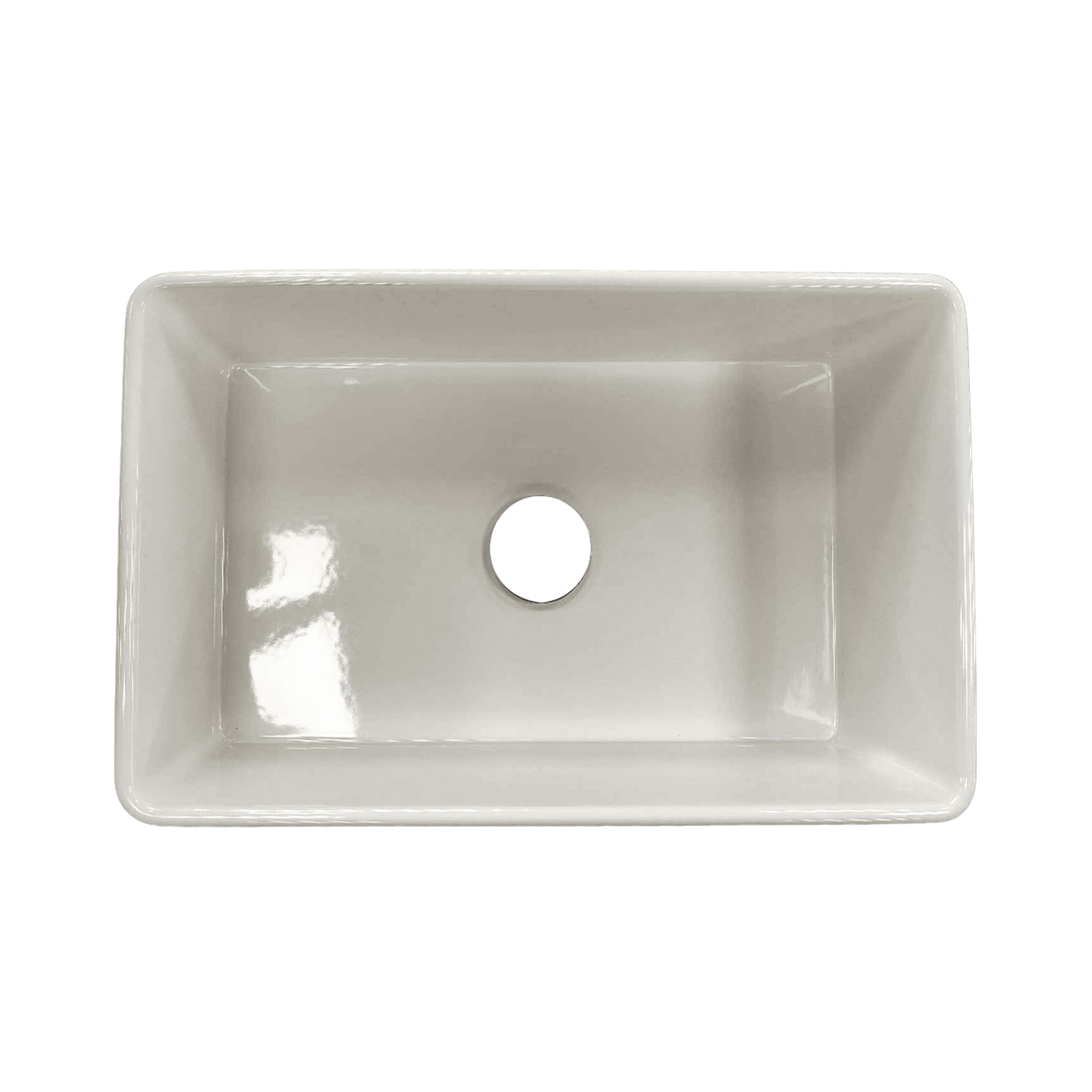 Rectangular white ceramic butler sink with central drain hole.