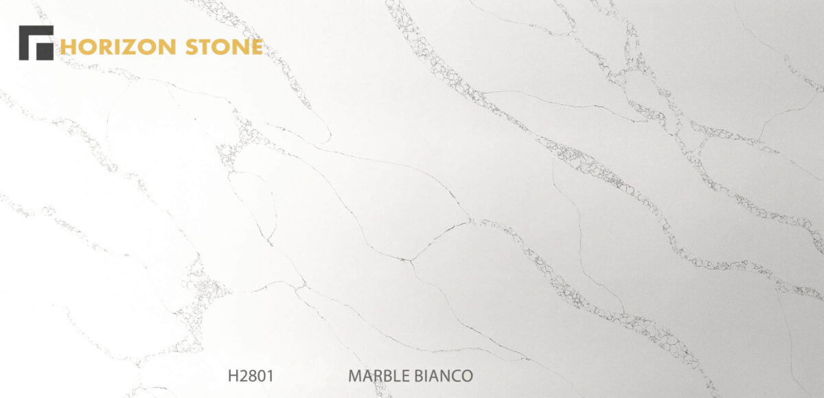 Engineered stone slab with marble bianco pattern, Horizon Stone logo.