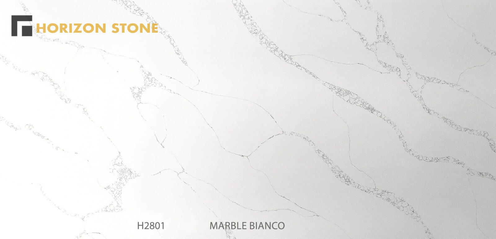 Engineered stone slab with marble bianco pattern, Horizon Stone logo.