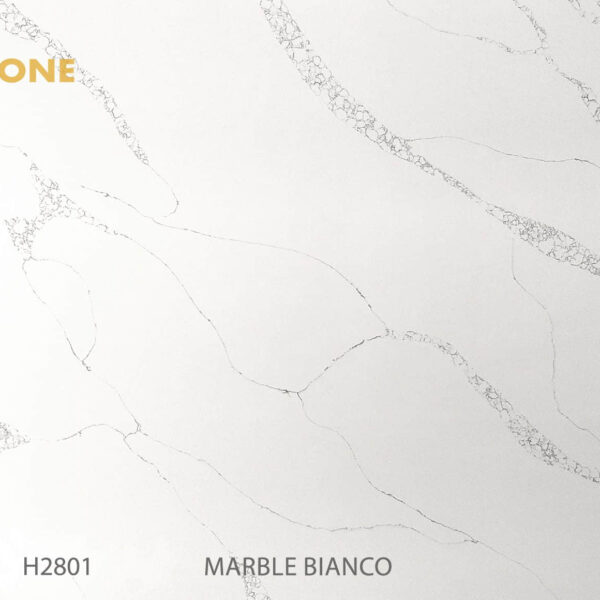 Engineered stone slab with marble bianco pattern, Horizon Stone logo.