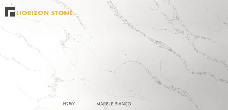 Engineered stone slab with marble bianco pattern, Horizon Stone logo.