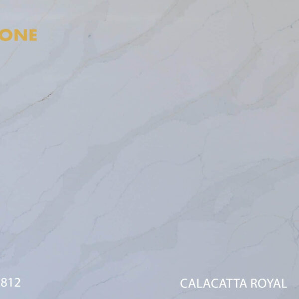 Engineered stone slab with Calacatta Royal pattern, light gray veining.