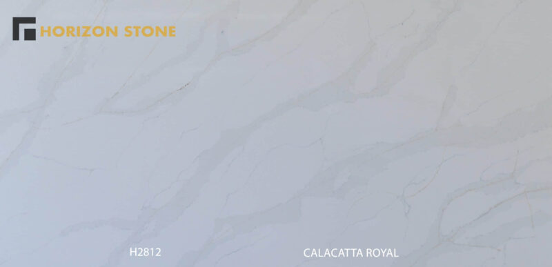 Engineered stone slab with Calacatta Royal pattern, light gray veining.