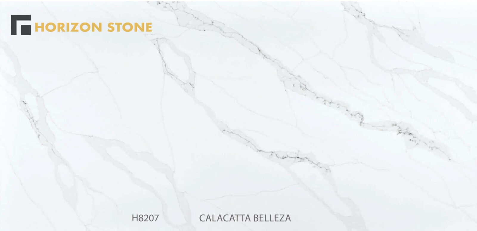Calacatta Belleza engineered stone slab with gray veining, labeled H8207.