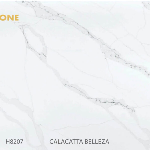 Calacatta Belleza engineered stone slab with gray veining, labeled H8207.
