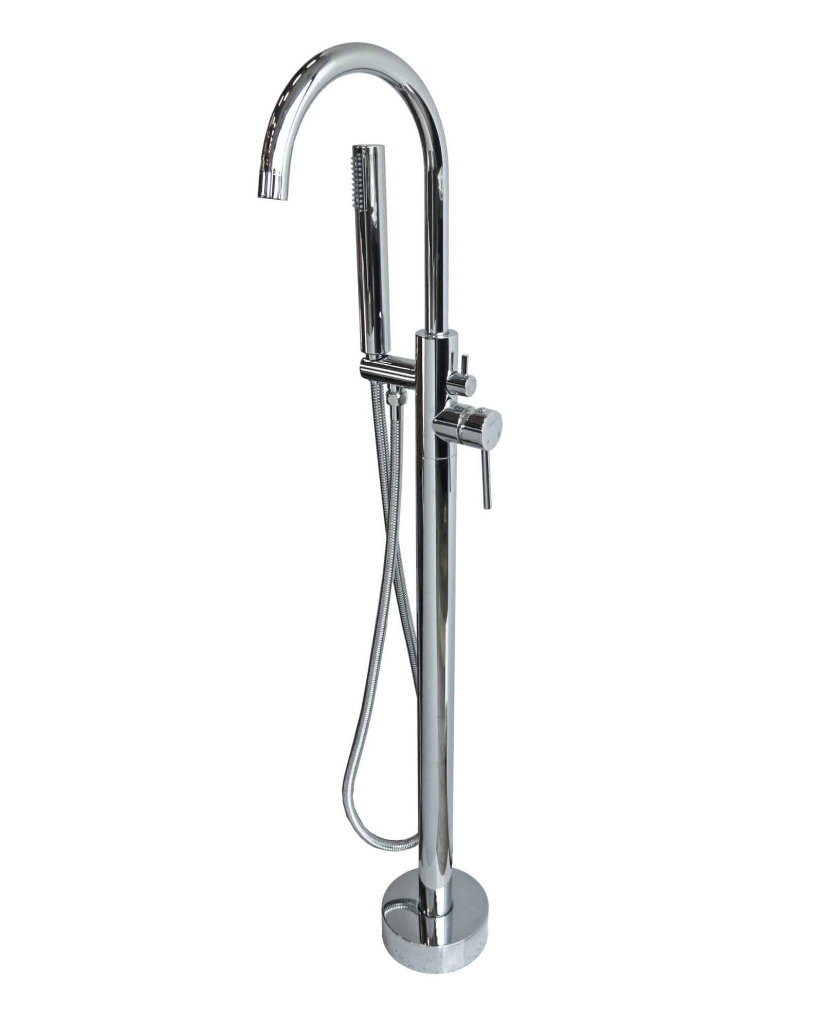 F06016 Freestanding chrome bathtub faucet with handheld shower attachment.