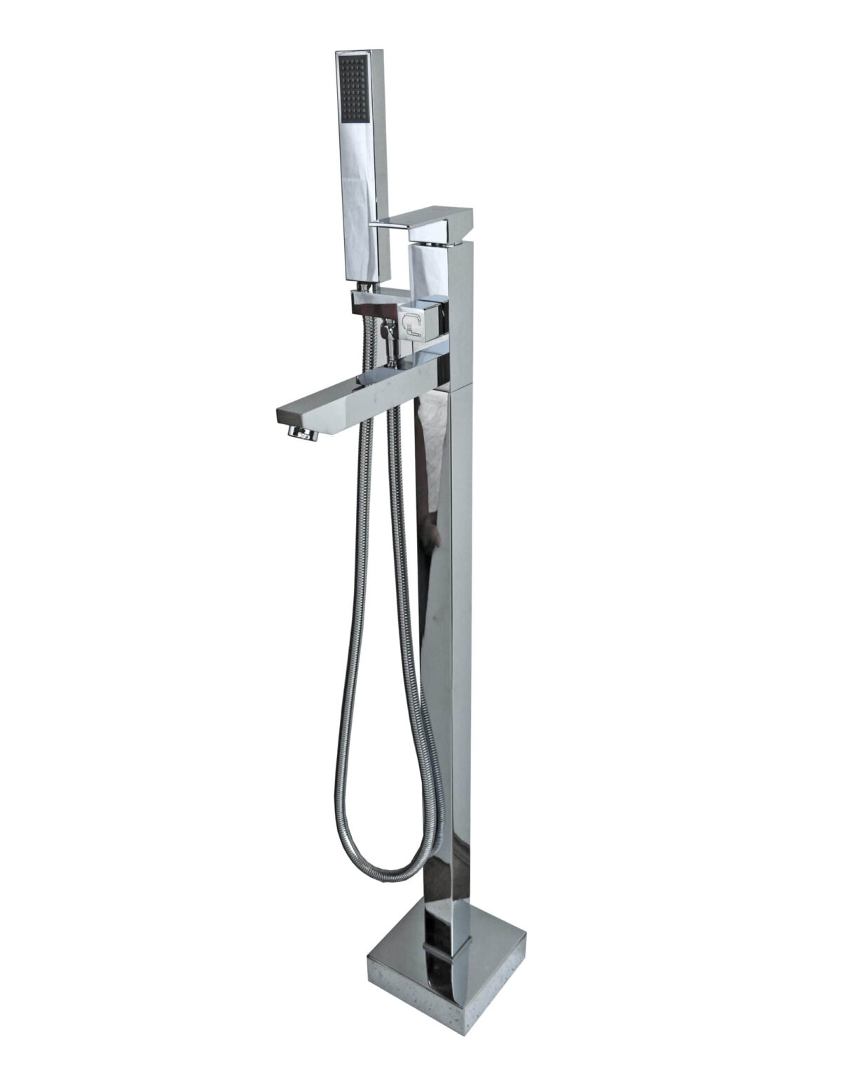Freestanding chrome bathtub faucet with handheld shower attachment.