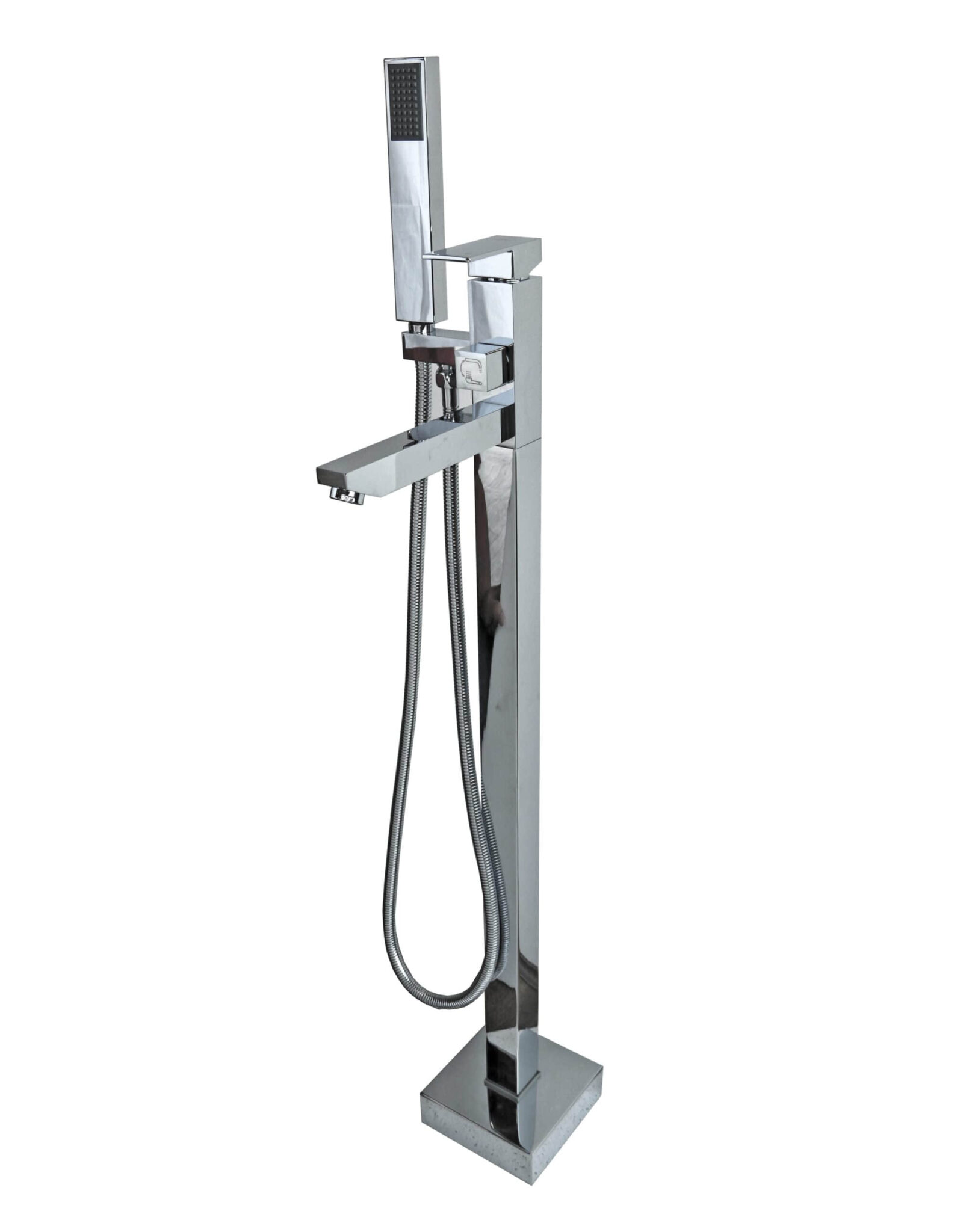 Freestanding chrome bathtub faucet with handheld shower attachment.