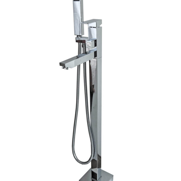 Freestanding chrome bathtub faucet with handheld shower attachment.