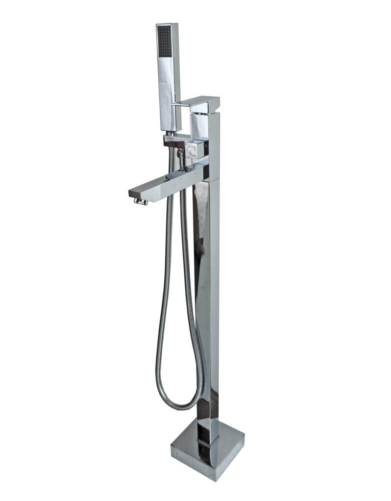 Freestanding chrome bathtub faucet with handheld shower attachment.