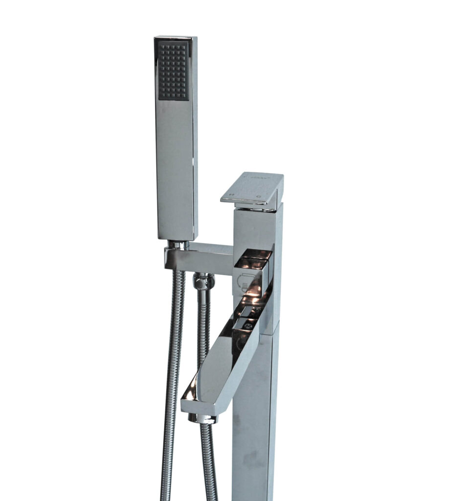 Modern chrome kitchen faucet with pull-out spray head.