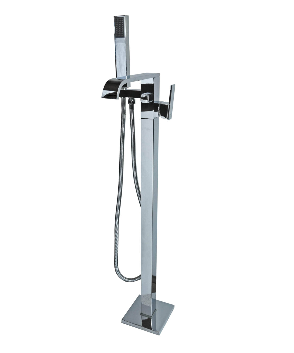 Freestanding chrome bathtub faucet with handheld shower attachment.