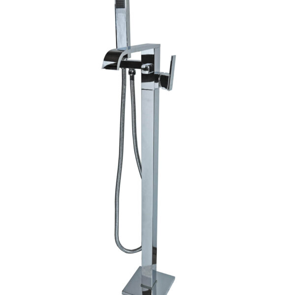 Freestanding chrome bathtub faucet with handheld shower attachment.