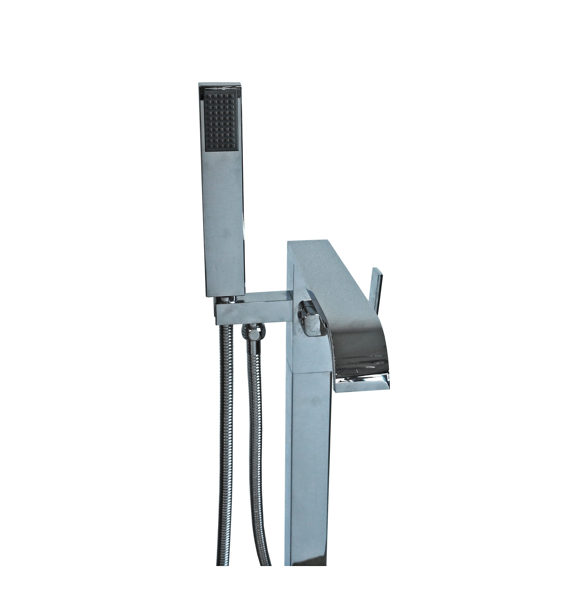 Modern chrome bathtub faucet with handheld shower attachment.