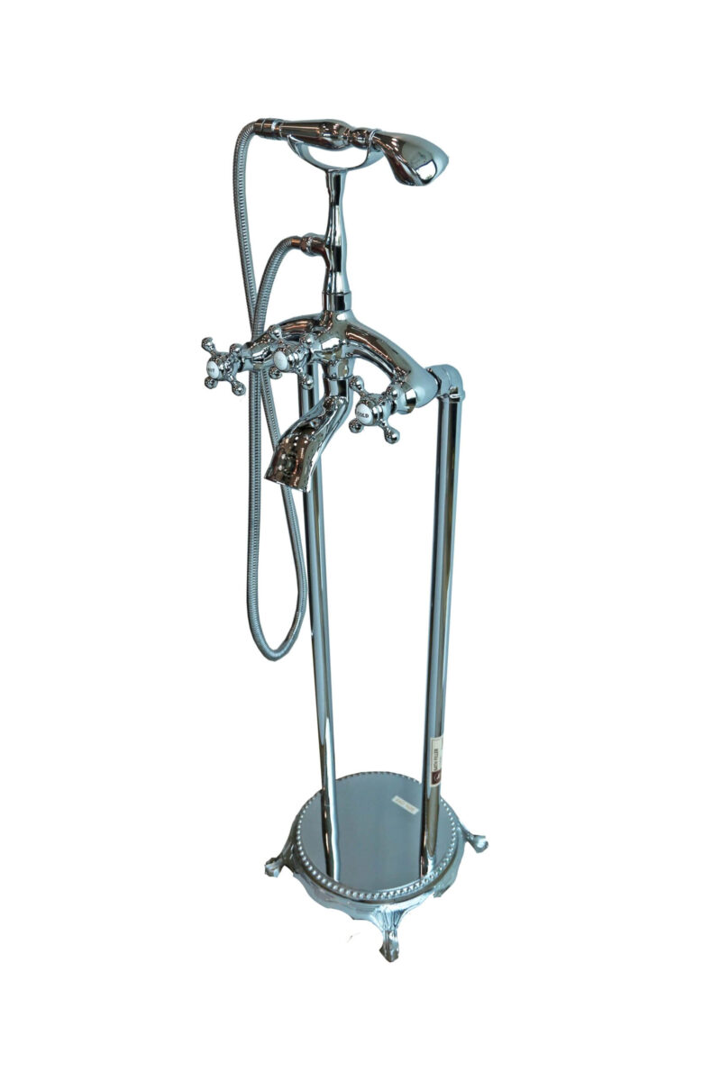 Freestanding chrome bathtub faucet with handheld shower attachment.