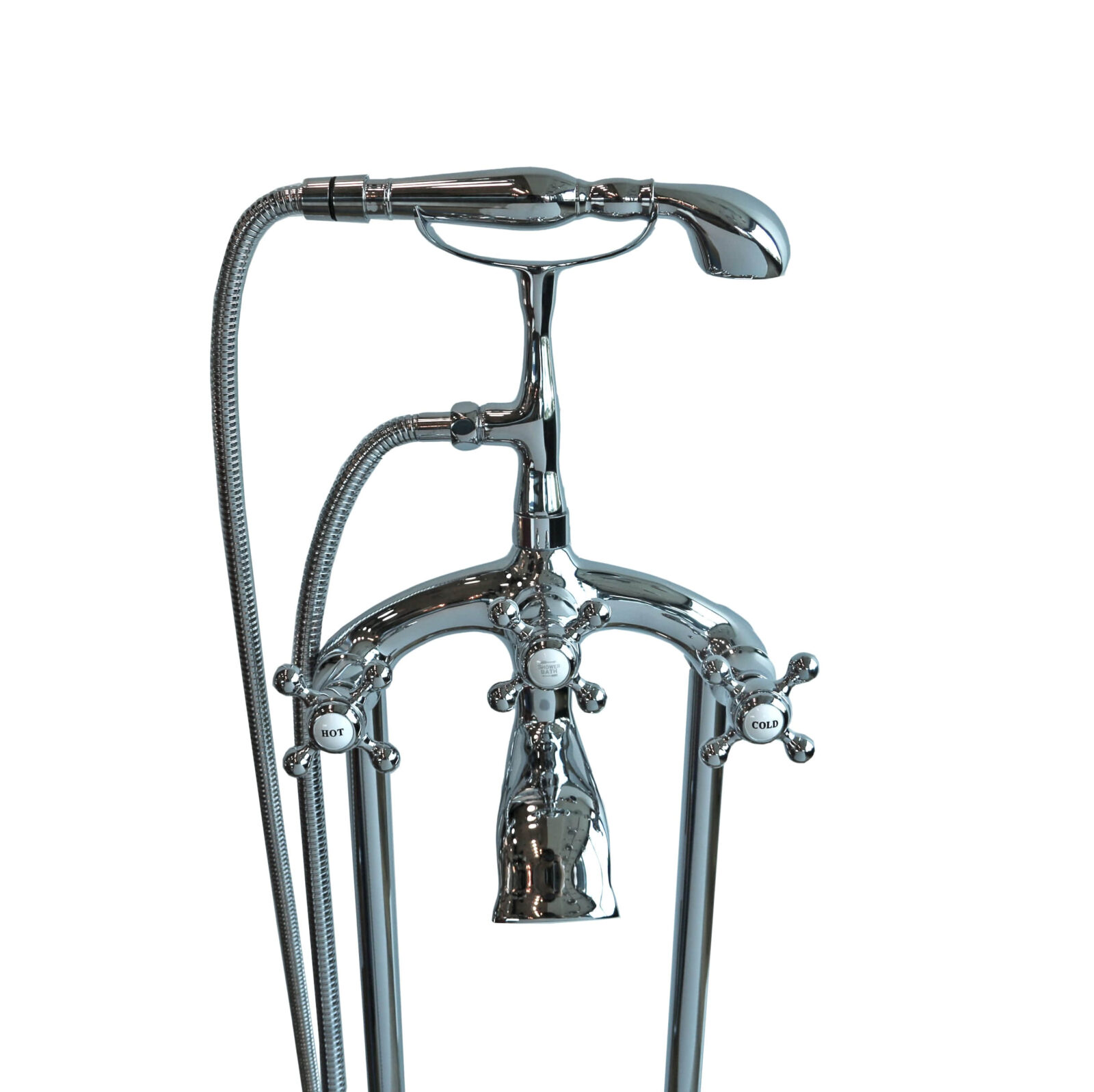 F06035a Freestanding chrome bathtub faucet with handheld shower attachment.