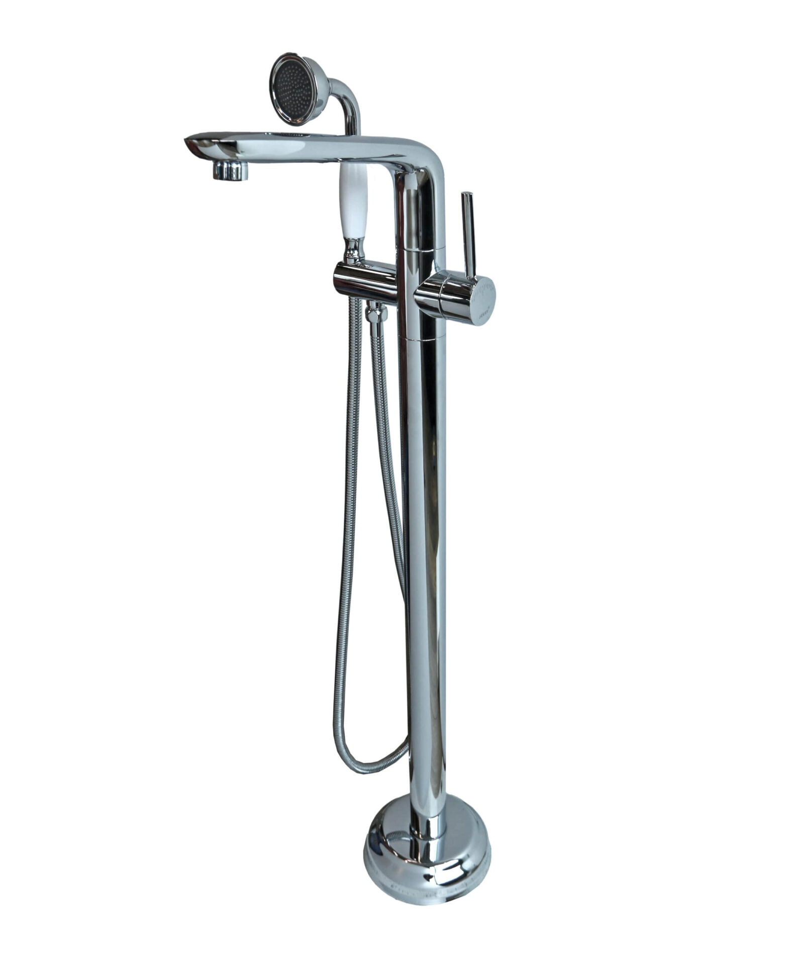 Freestanding chrome bathtub faucet with handheld shower attachment.