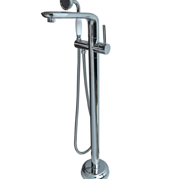 Freestanding chrome bathtub faucet with handheld shower attachment.
