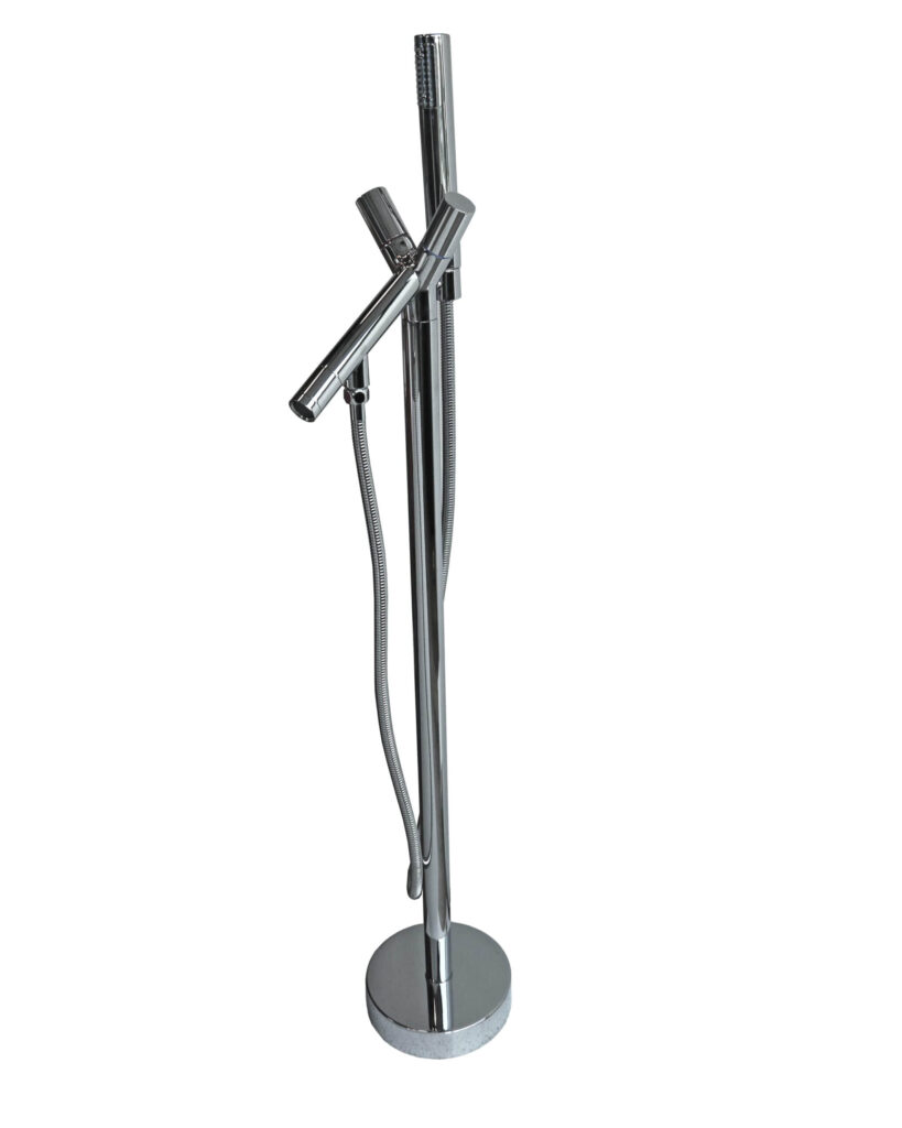 Freestanding chrome shower faucet with handheld attachment.