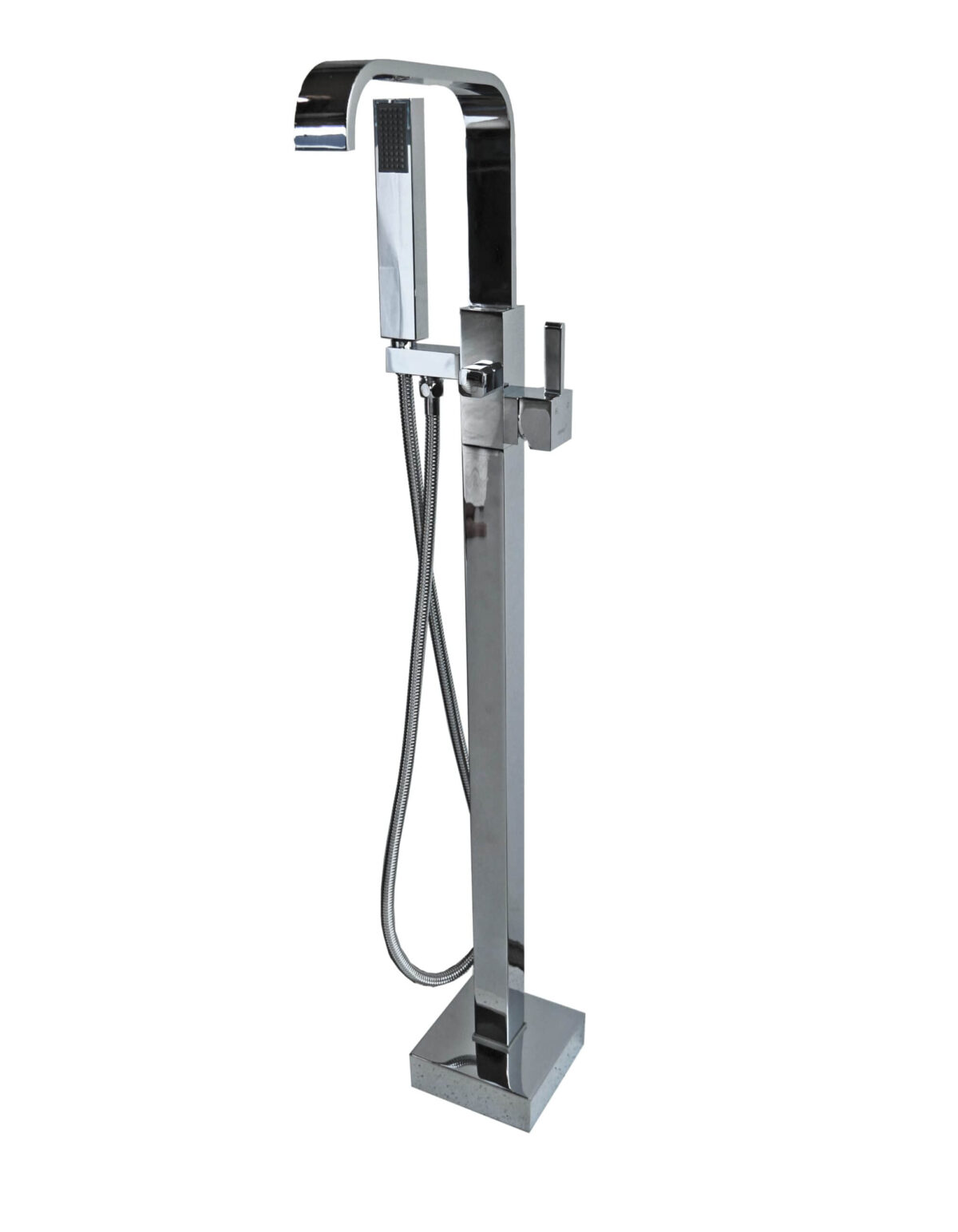 Freestanding chrome bathtub faucet with handheld shower attachment.
