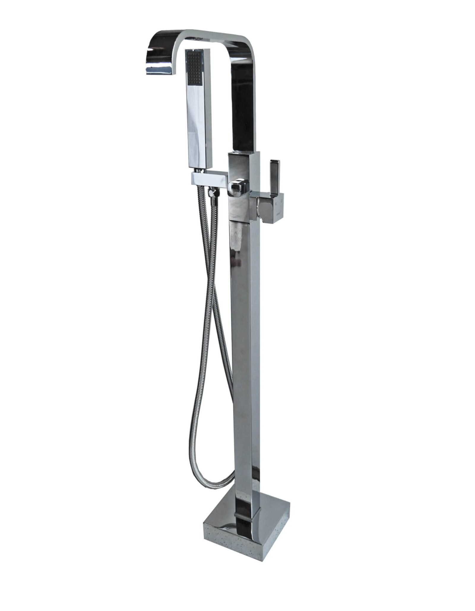 Freestanding chrome bathtub faucet with handheld shower attachment.