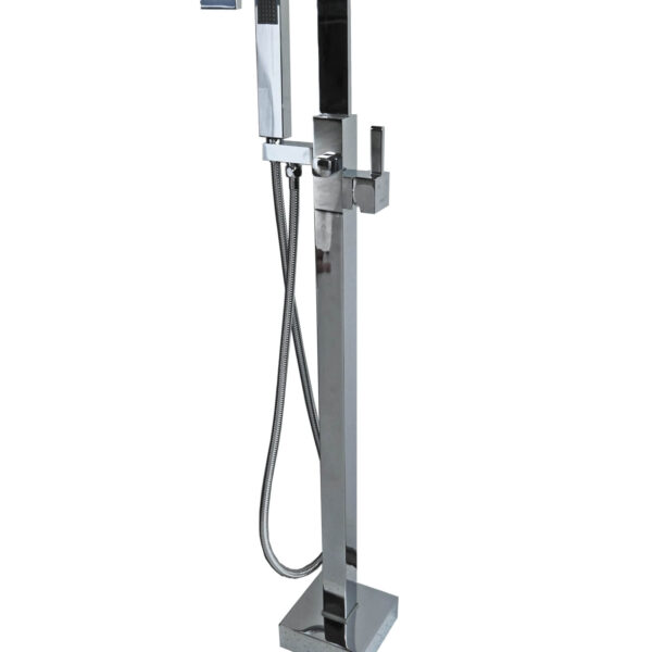 Freestanding chrome bathtub faucet with handheld shower attachment.