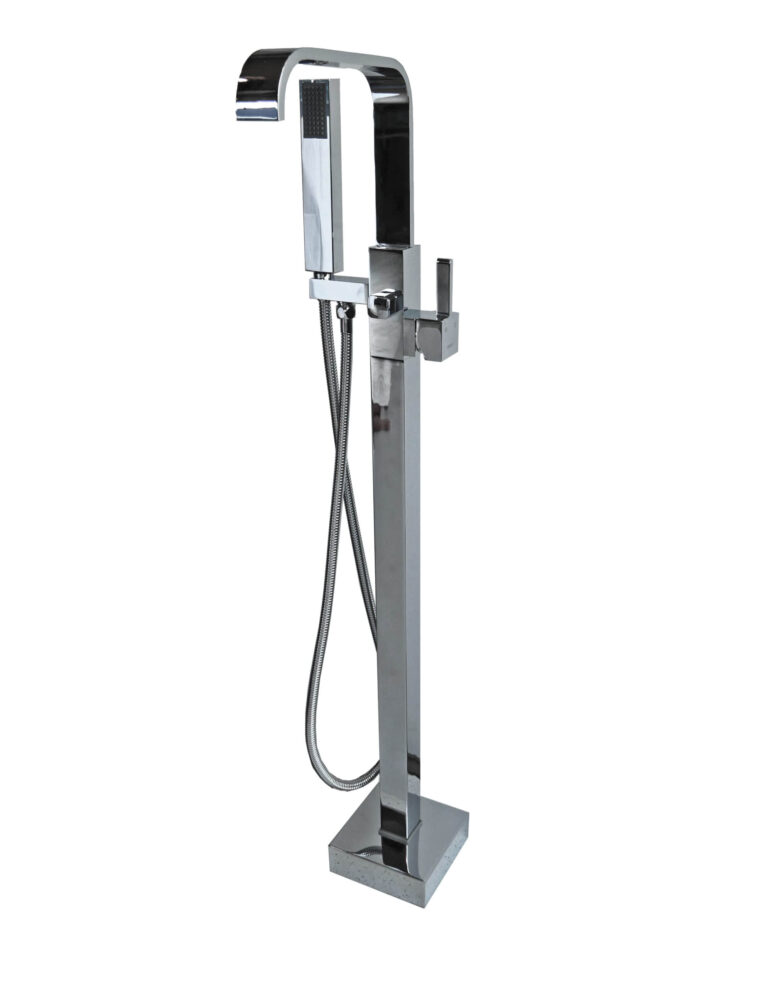 Freestanding chrome bathtub faucet with handheld shower attachment.