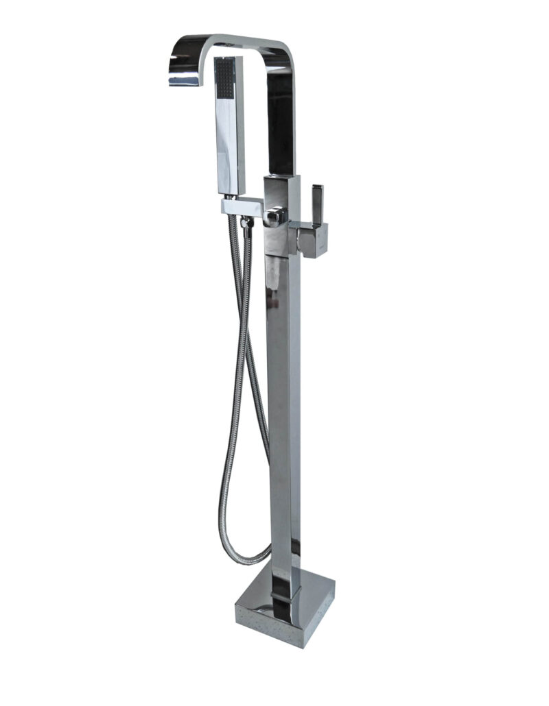 Freestanding chrome bathtub faucet with handheld shower attachment.