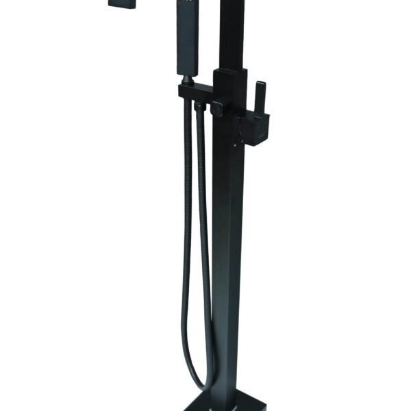 Black freestanding bathtub faucet with handheld shower attachment.