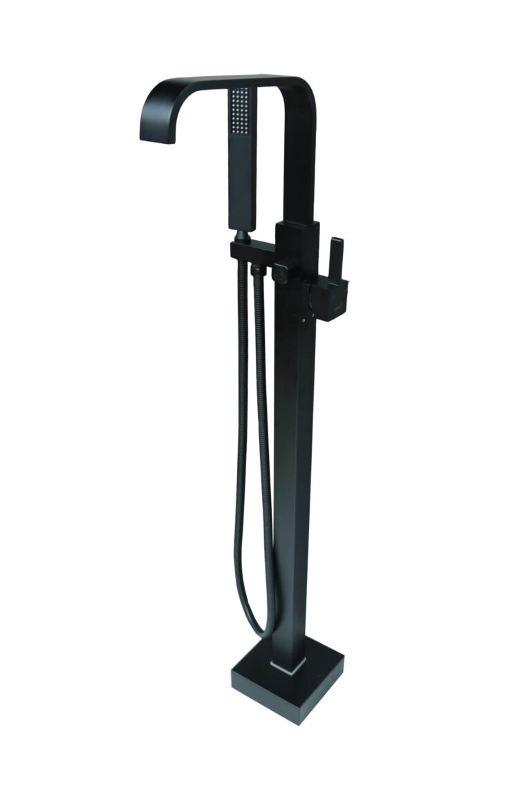 Black freestanding bathtub faucet with handheld shower attachment.