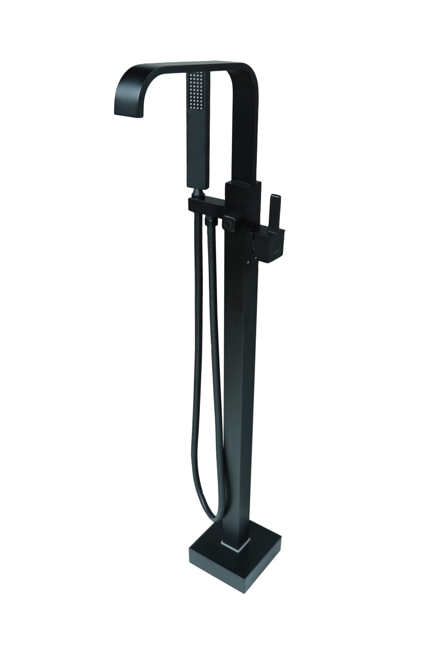 Black freestanding bathtub faucet with handheld shower attachment.