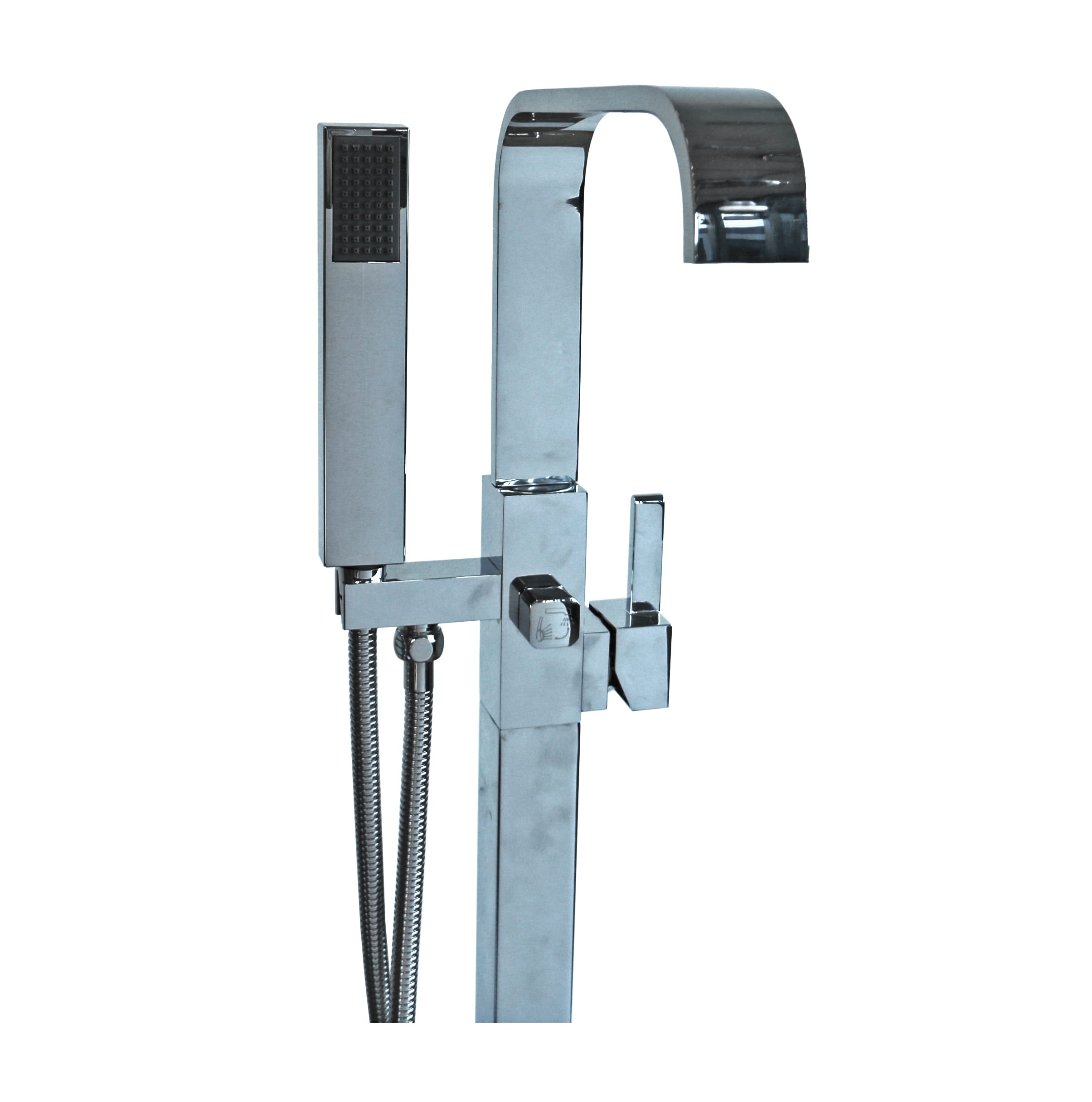 Modern chrome freestanding bath shower mixer tap with handheld attachment.