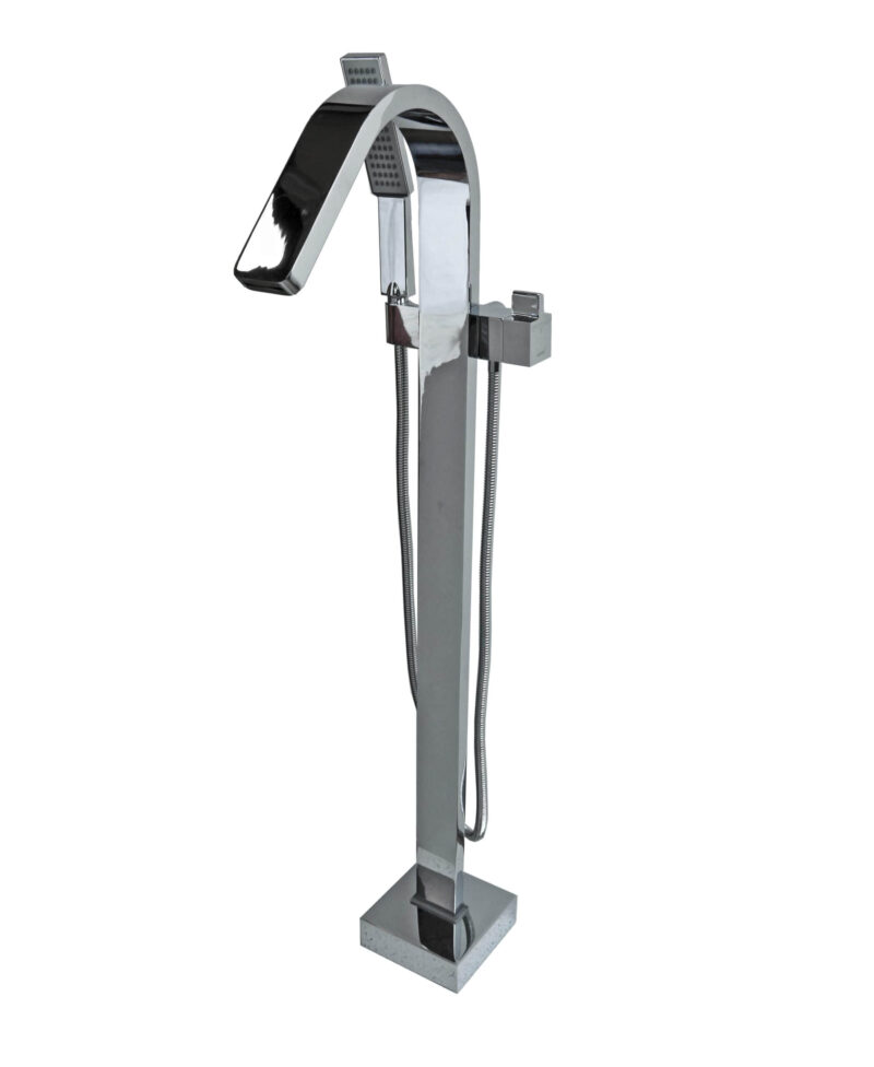 Modern chrome freestanding bathtub faucet with handheld shower attachment.