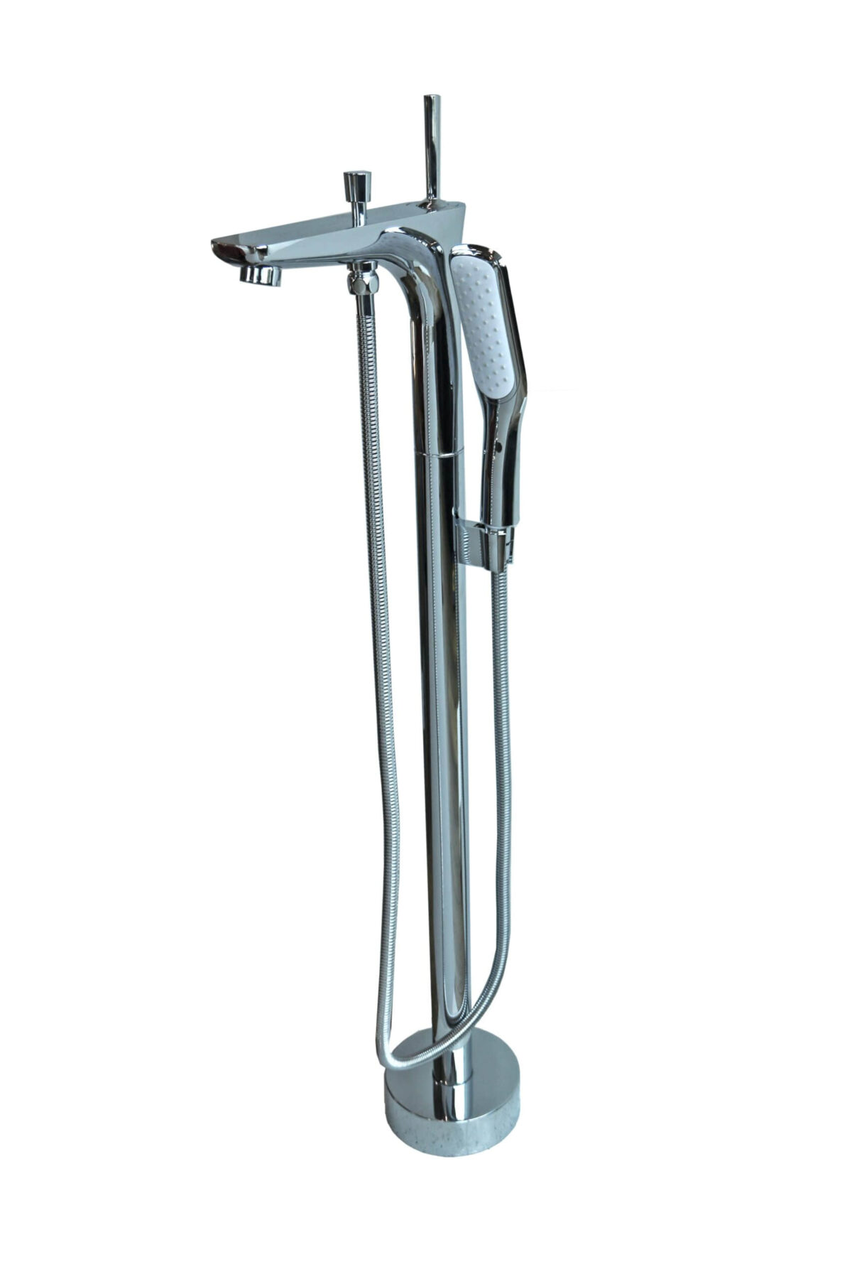 Freestanding chrome bathtub faucet with handheld shower attachment.