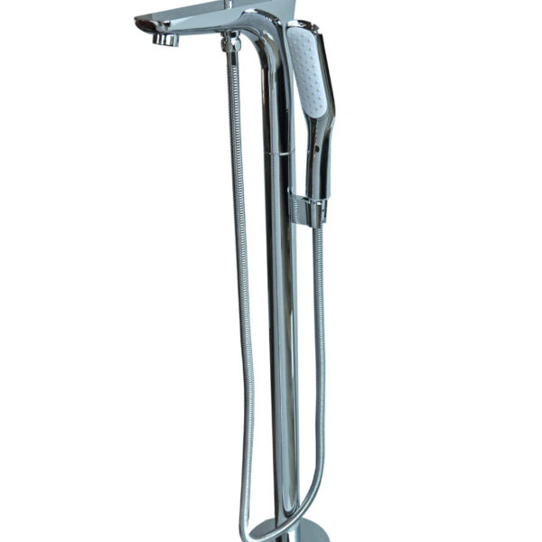 Freestanding chrome bathtub faucet with handheld shower attachment.