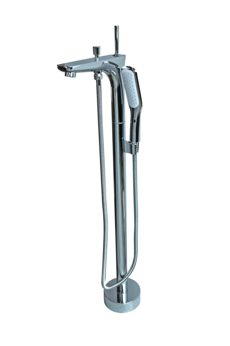 Freestanding chrome bathtub faucet with handheld shower attachment.