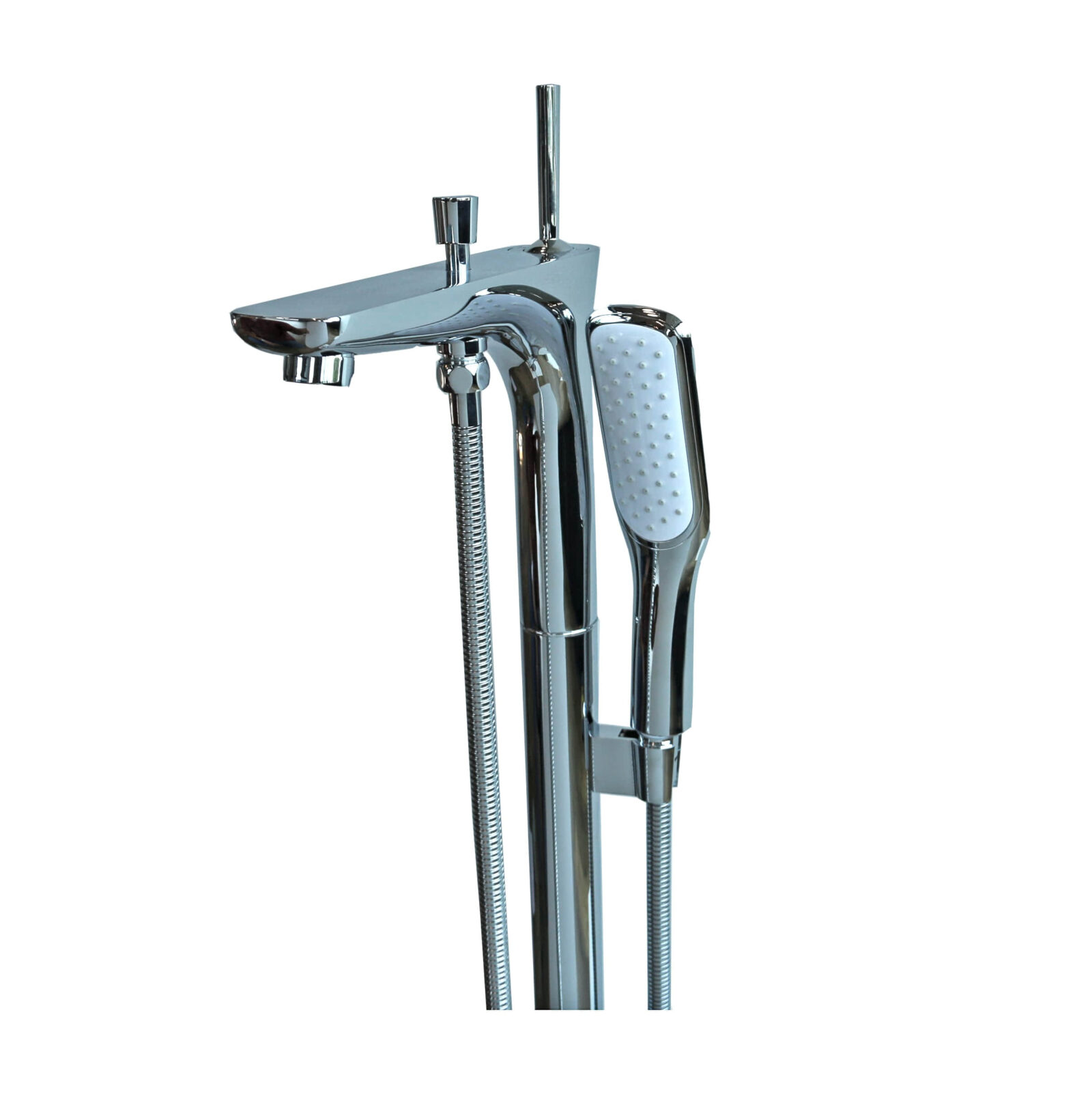 F06109a Freestanding chrome bathtub faucet with handheld shower attachment.