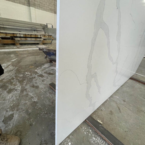 Marble slab in a warehouse, side view.