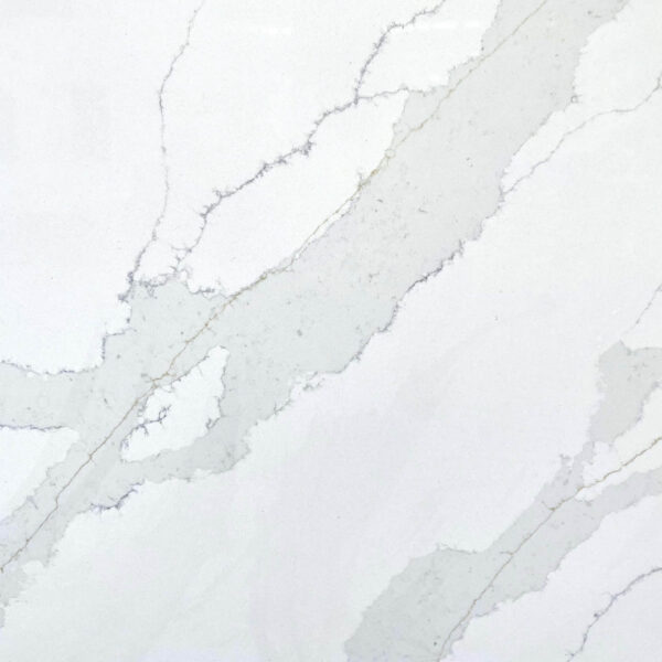 White marble countertop with gray veining pattern.