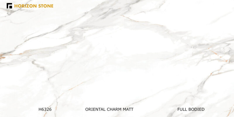 Marble texture with subtle gray veins, labeled "Oriental Charm Matt."