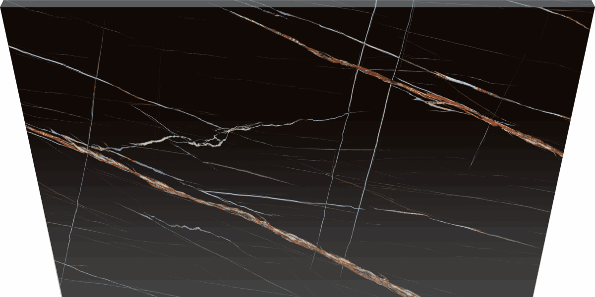 Black marble slab with white and orange veining.