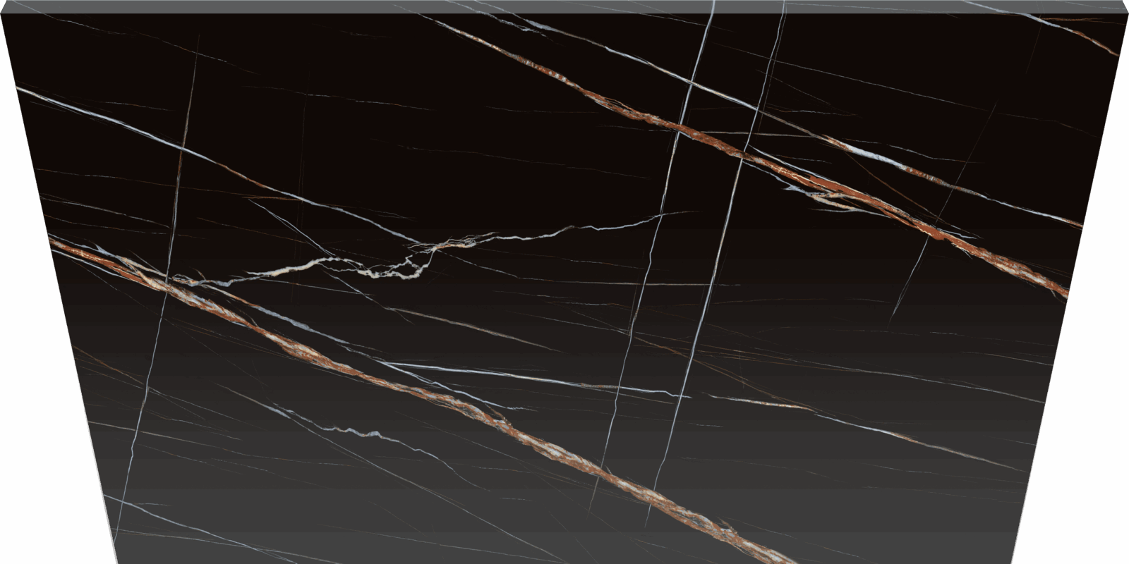 Black marble slab with white and orange veining.