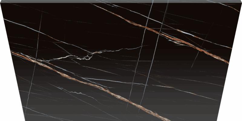 Black marble slab with white and orange veining.