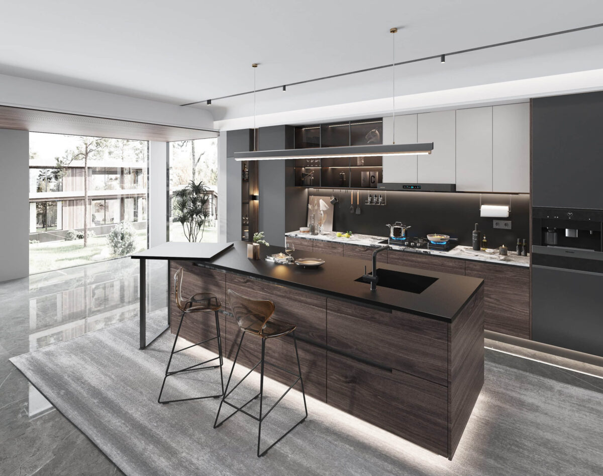 Modern kitchen with pure black countertop and bar stools.