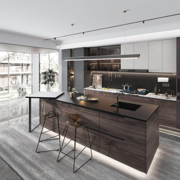 Modern kitchen with pure black countertop and bar stools.