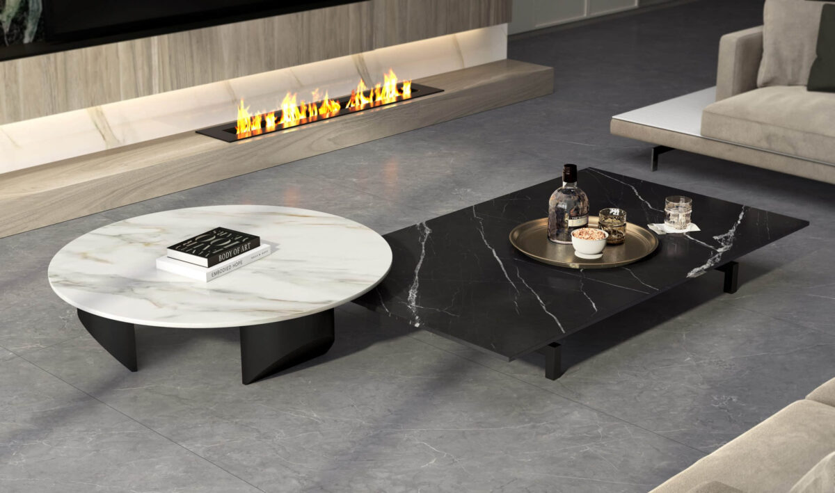 Modern living room with marble coffee tables and fireplace.